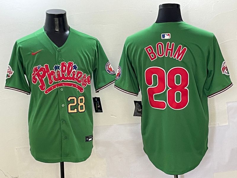 Men Philadelphia Phillies 28 Bohm Green Fourth generation Joint Name Nike 2025 MLB Jersey style 2